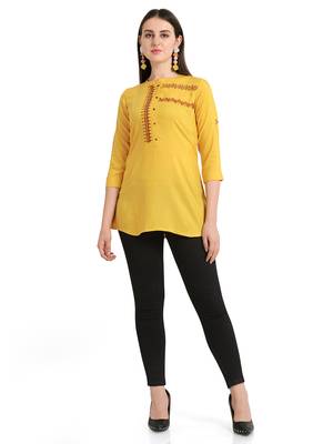 Yellow embroidered viscose short-kurtis 1