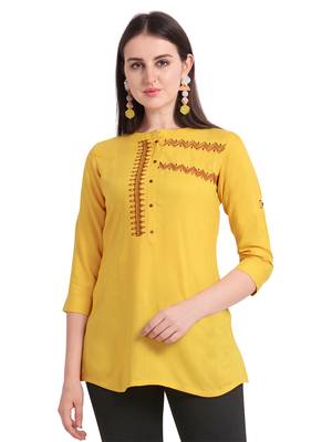Yellow embroidered viscose short-kurtis 2