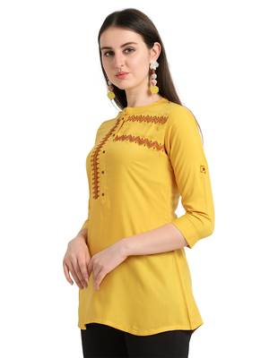 Yellow embroidered viscose short-kurtis 4