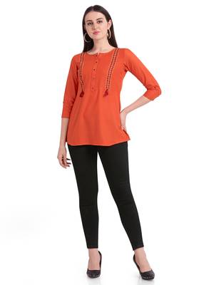 Orange embroidered viscose short-kurtis 1