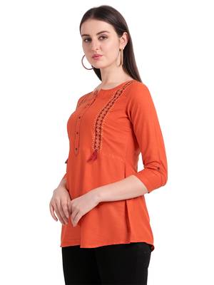 Orange embroidered viscose short-kurtis 4