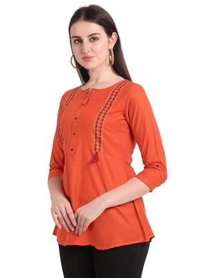 Orange embroidered viscose short-kurtis 5