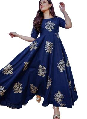 Navy-blue printed rayon long-kurtis 1