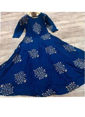 Navy-blue printed rayon long-kurtis 2