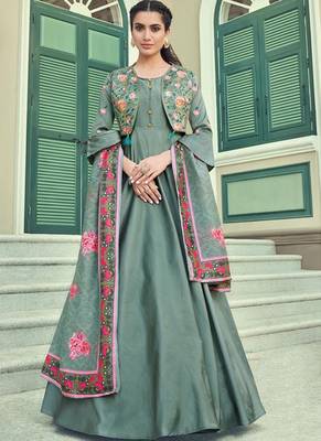 Aqua Blue Silk Blend Anarkali Salwar Kameez 1