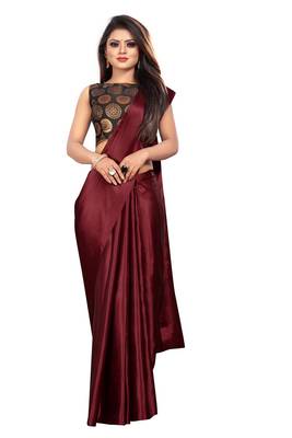 Maroon plain satin saree with blouse 1
