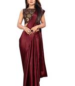 Maroon plain satin saree with blouse