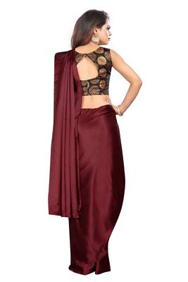 Maroon plain satin saree with blouse 2