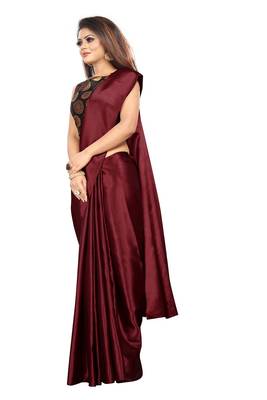 Maroon plain satin saree with blouse 3