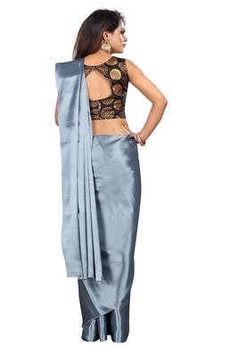 Grey plain satin saree with blouse 2