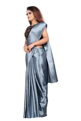 Grey plain satin saree with blouse 3