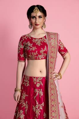 Pink Embroidered Velvet Semi Stitched Lehenga 4