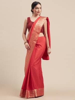 Red Coloured Solid Galexy Silk Saree With Blouse Piece 1