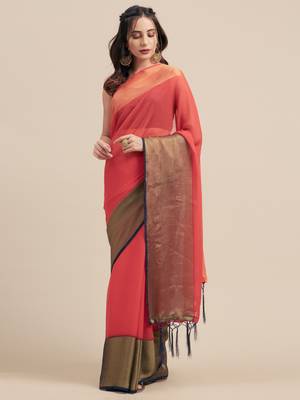Red Coloured Viscos Chiffon Saree With Blouse Piece 1