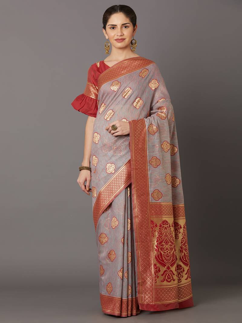 Grey silk woven design banarasi saree 