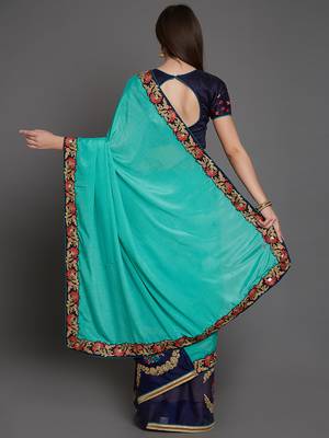 Green pure georgette embroidered saree with heavy embriodered blouse 4