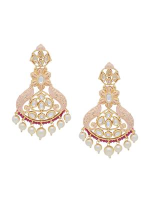 Floral Designer Pink Enameled Kundan Polki Pearls Dangler Earring for Girls and Women 3