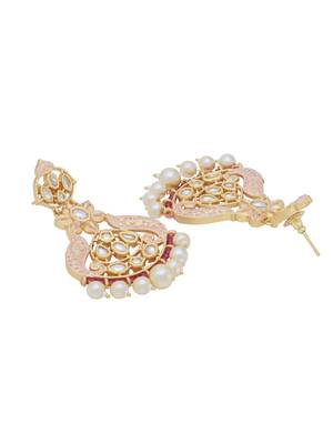 Floral Designer Pink Enameled Kundan Polki Pearls Dangler Earring for Girls and Women 4