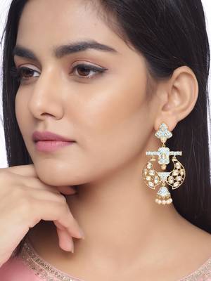 Stylish Designer Turquoise Blue Enameled Kundan Polki Pearls Jhumki Earrin 1