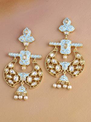 Stylish Designer Turquoise Blue Enameled Kundan Polki Pearls Jhumki Earrin 2