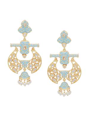 Stylish Designer Turquoise Blue Enameled Kundan Polki Pearls Jhumki Earrin 3