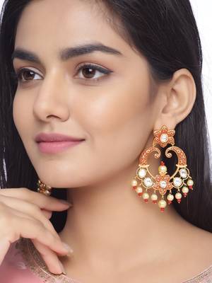 Floral Red Enameled Gold Plated Kundan Polki Dangler Earring for Girls and Women 1