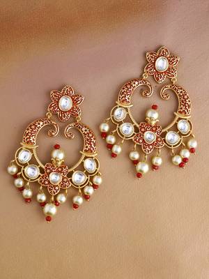 Floral Red Enameled Gold Plated Kundan Polki Dangler Earring for Girls and Women 2