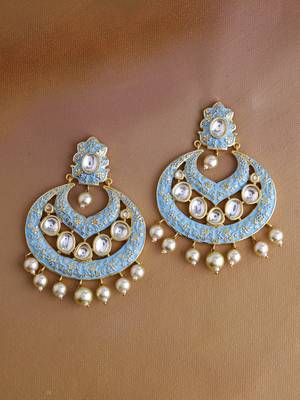 Stylish Summer Style Turquoise Blue Enameled Gold Plated Pearls Dangler Earring for Girls and Women 2