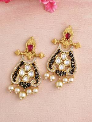 Antique Style Designer Black Gold Plated Kundan Polki Pearls Dangler Earring for Girls and Women 2
