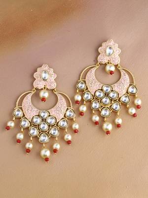 Stylish Pink Enameled Gold Plated Designer Pearls Dangler Earring for Girls and Women 2