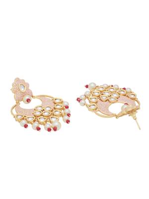 Stylish Pink Enameled Gold Plated Designer Pearls Dangler Earring for Girls and Women 4