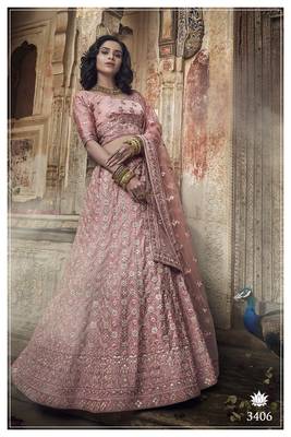 Amazing Salmon Zari and Thread Embroidered Satin Semi-stitched Lehenga choli with dupatta 1