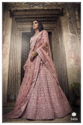 Amazing Salmon Zari and Thread Embroidered Satin Semi-stitched Lehenga choli with dupatta 2