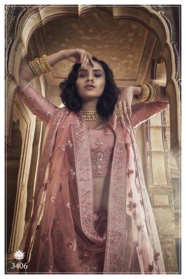 Amazing Salmon Zari and Thread Embroidered Satin Semi-stitched Lehenga choli with dupatta 3