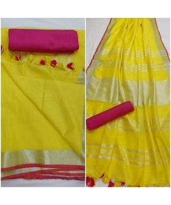 Unitex Fashion yellow woven linen saree with blouse 1