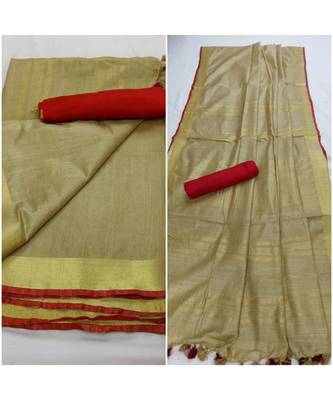 Unitex Fashion Beige woven linen saree with blouse 1