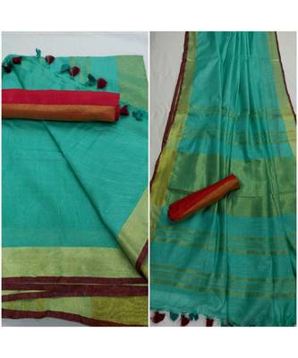 Unitex FashionTurquiose woven linen saree with blouse 1
