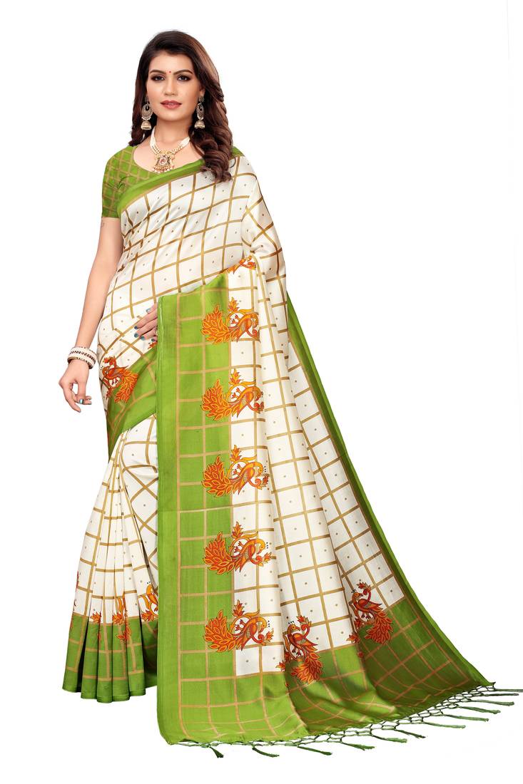 White and mehendi Coloured plain synthetic khadi silk saree with blouse