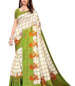 White and mehendi Coloured plain synthetic khadi silk saree with blouse