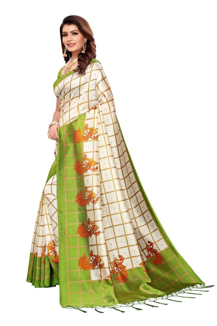 White and mehendi Coloured plain synthetic khadi silk saree with blouse