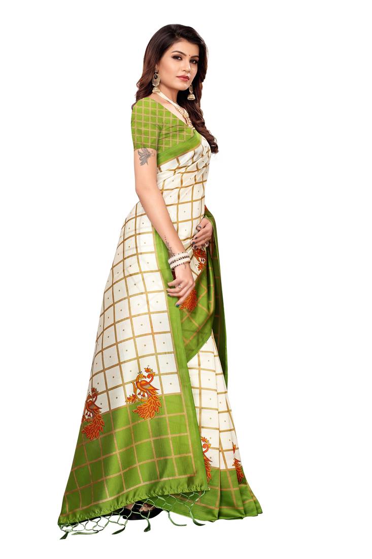 White and mehendi Coloured plain synthetic khadi silk saree with blouse