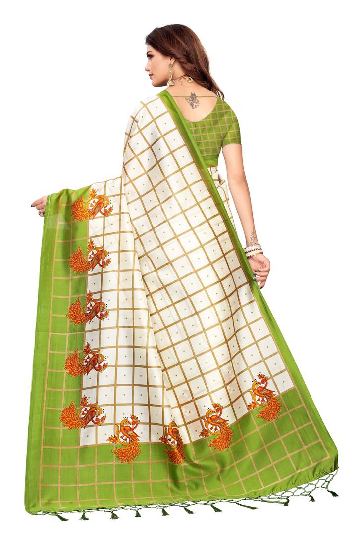 White and mehendi Coloured plain synthetic khadi silk saree with blouse