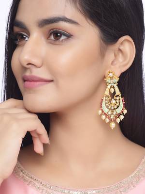 Designer Kundan Polki Mint Green Enameled Pearls Dangler Earring for Girls and Women 1