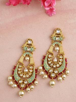 Designer Kundan Polki Mint Green Enameled Pearls Dangler Earring for Girls and Women 2