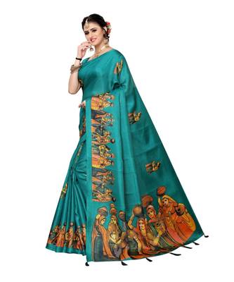 Turquoise Blue Colour plain synthetic khadi silk saree with blouse 1