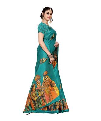 Turquoise Blue Colour plain synthetic khadi silk saree with blouse 2