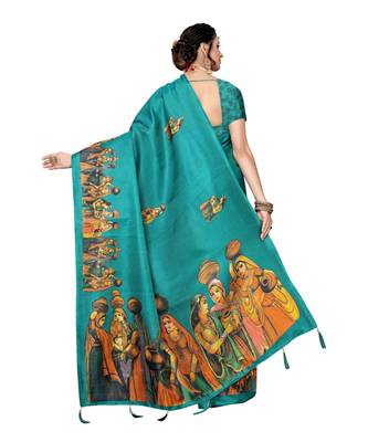 Turquoise Blue Colour plain synthetic khadi silk saree with blouse 3