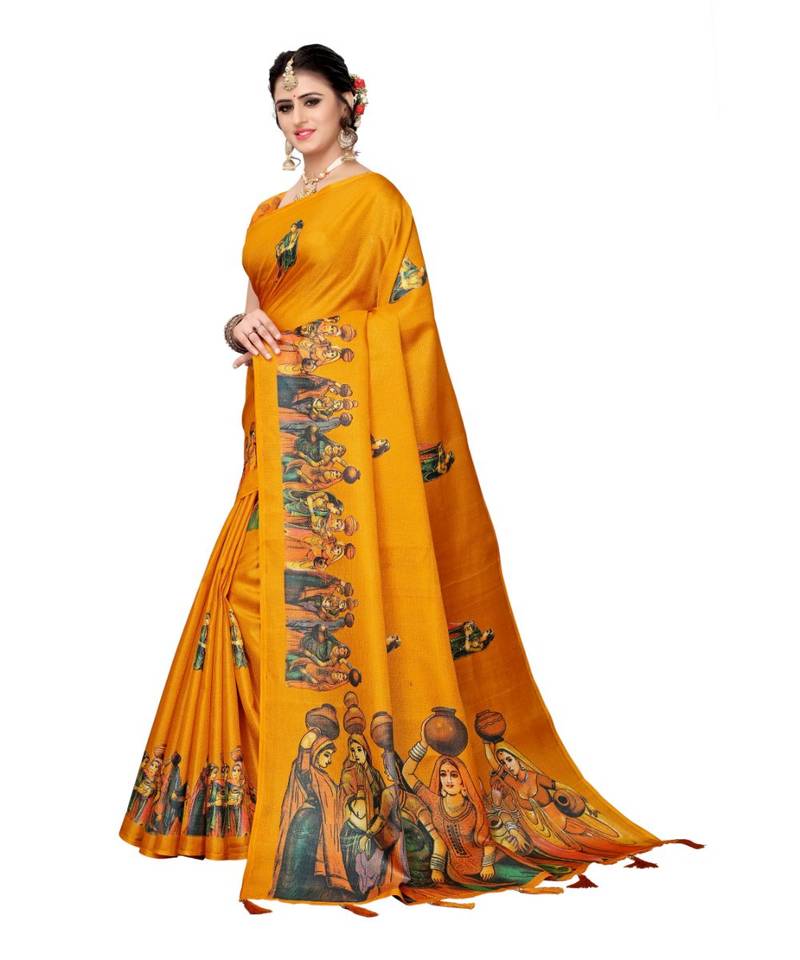Yellow Colour plain synthetic khadi silk saree with blouse Rekha - Main Image