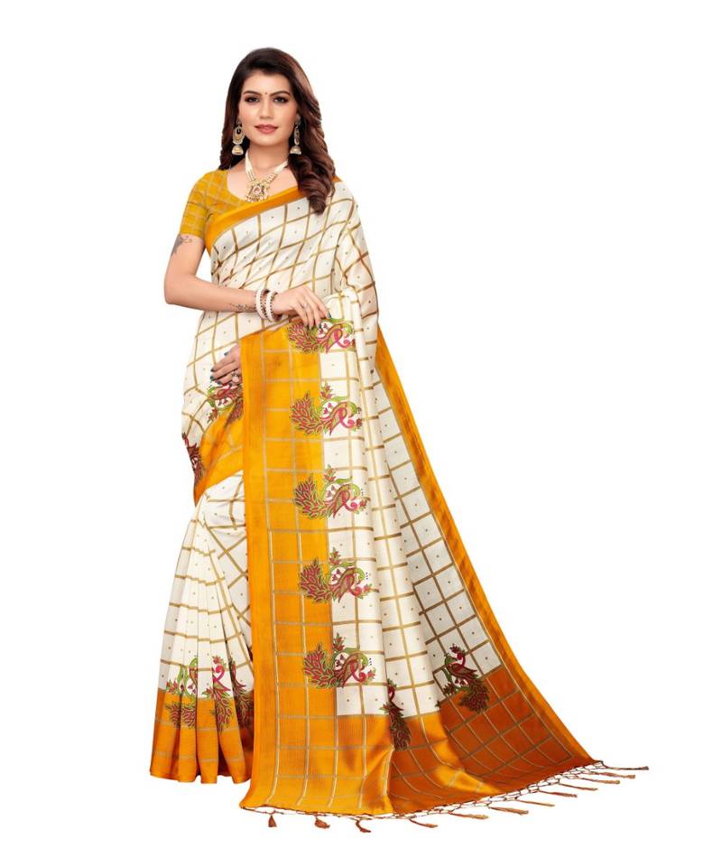 White and Yellow Coloured plain synthetic khadi silk saree with blouse