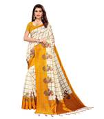 White and Yellow Coloured plain synthetic khadi silk saree with blouse